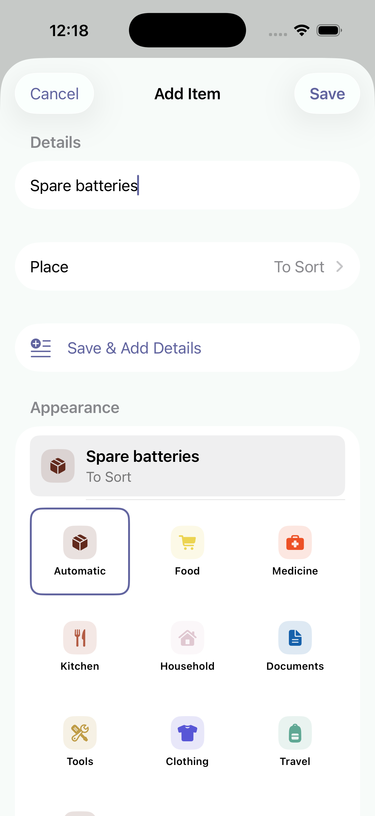 StowFind add item form with Spare batteries in To Sort