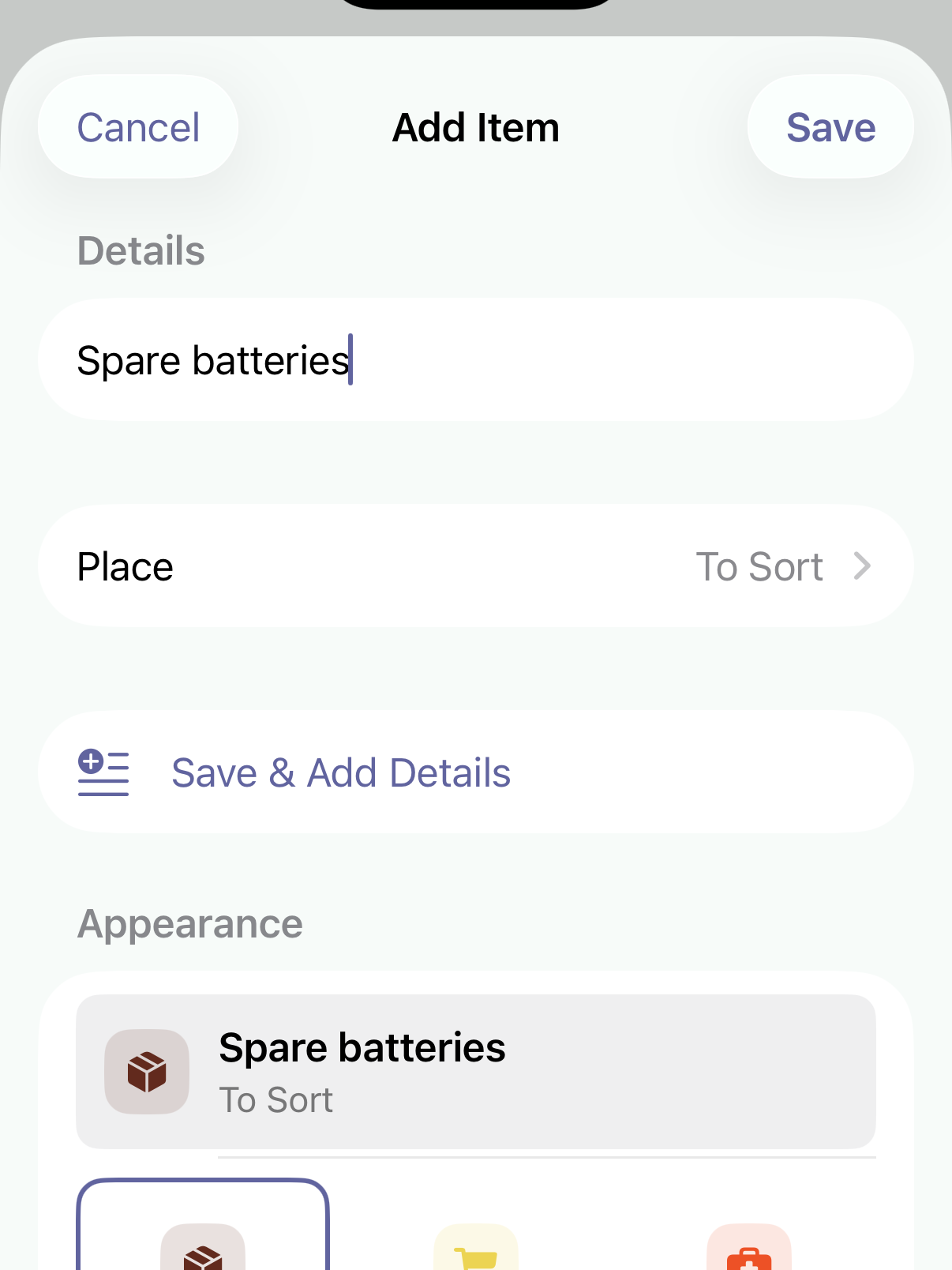 StowFind add item form with Spare batteries and Place set to To Sort