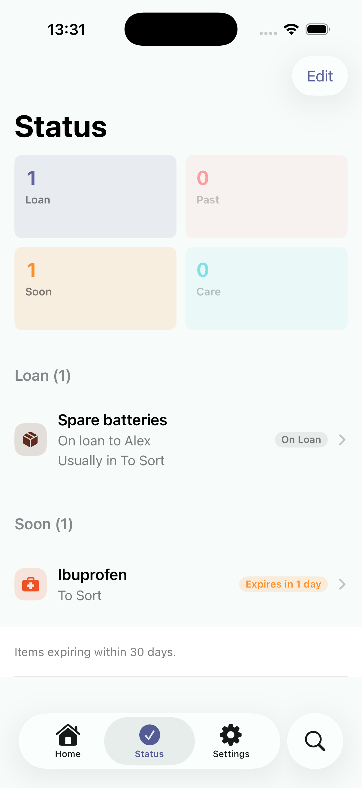 StowFind Status tab with On Loan and Expiring Soon sections