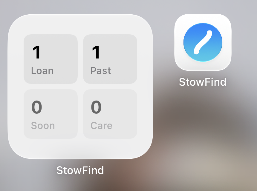 iPhone Home Screen with StowFind Status widget showing Loan, Past, Soon, and Care counts