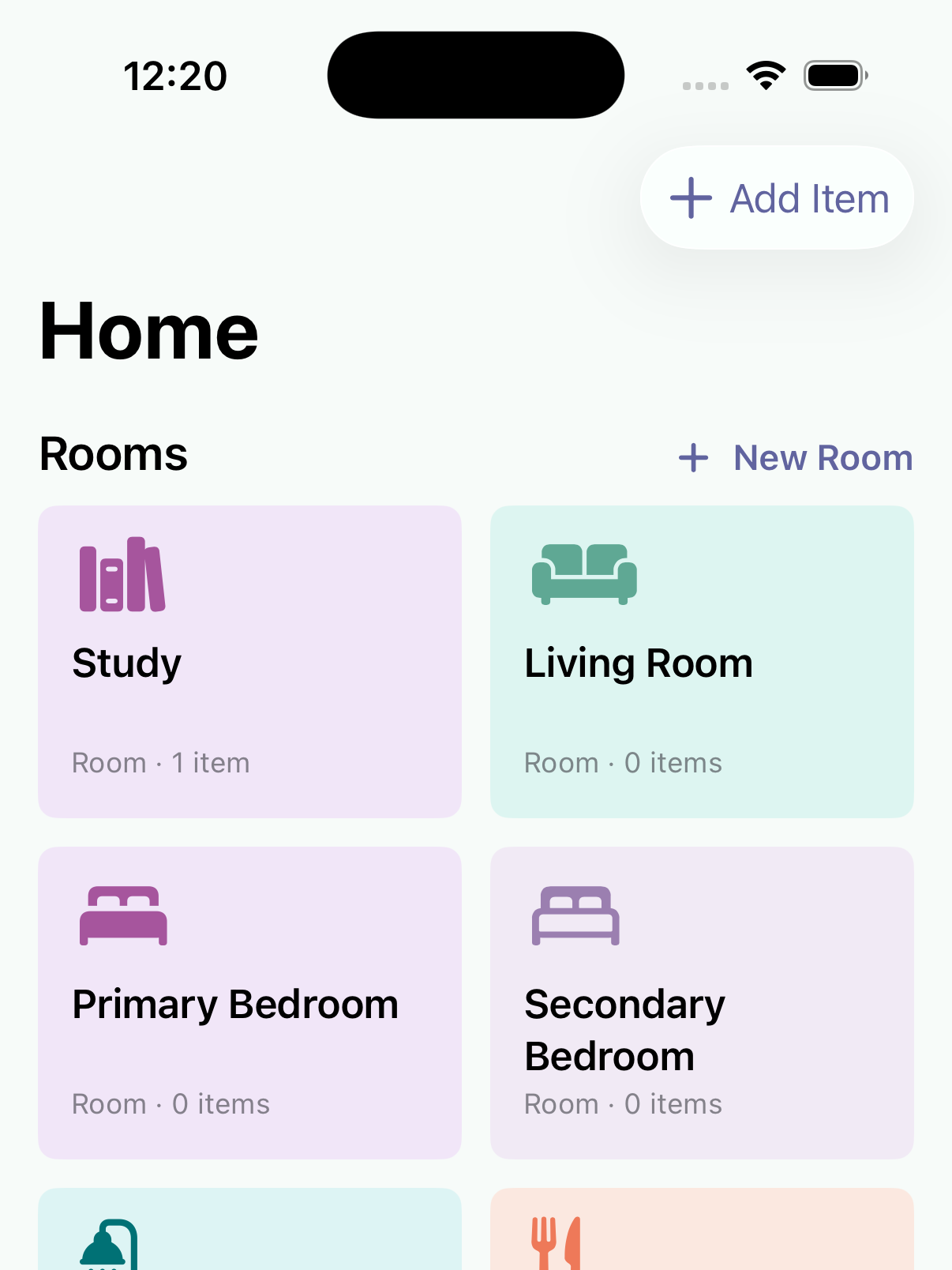 StowFind Home screen with rooms including Study, Living Room, and bedrooms