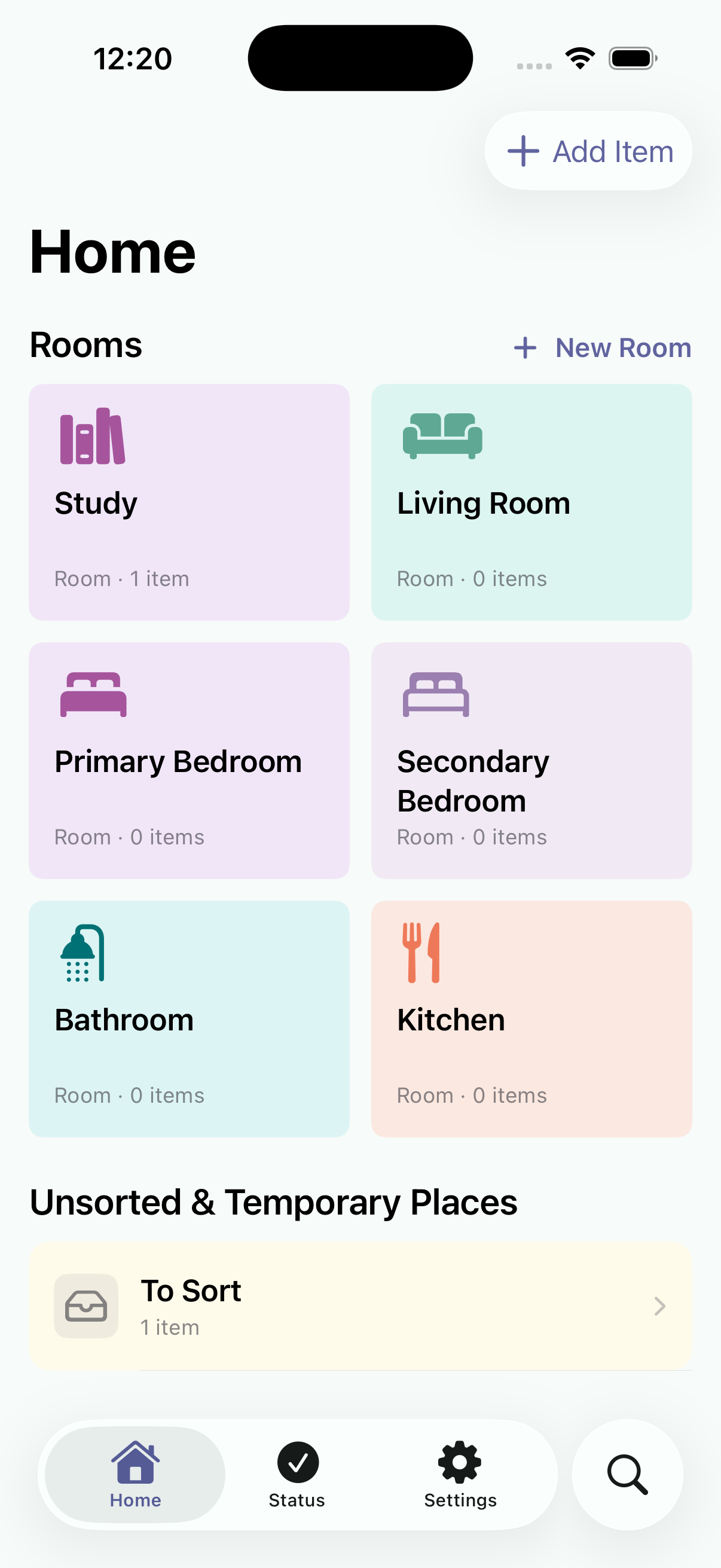 StowFind Home screen with rooms including Study